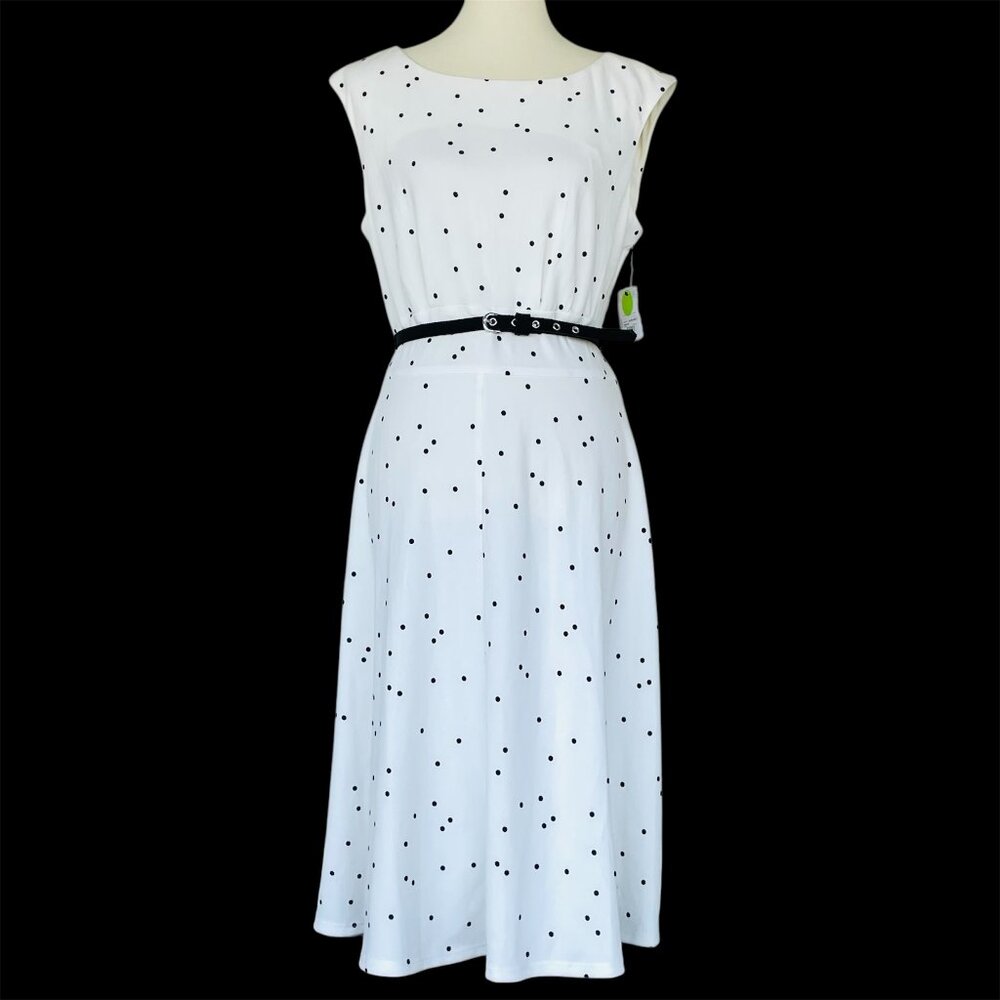 NWT Liz Claiborne Sleeveless Round Neck Dress Sz 12 Cream Black Polka Dot Belt